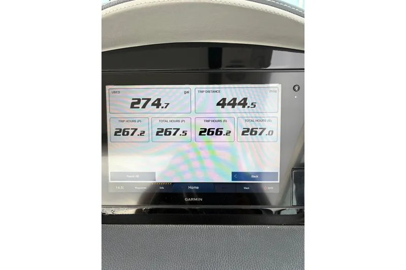 Slide: The Image of Garmin display on 2021 Regal 33 XO showing fuel usage and trip data. - 6