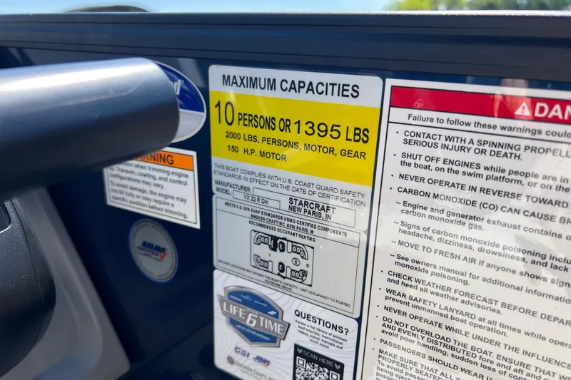 Slide: The Image of 2026 Starcraft VX 22 R DH boat capacity label, showing maximum 10 persons or 1395 lbs. - 18