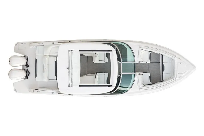 Slide: The Image of Manufacturer Provided Image: 2019 Regal 33 OBX boat, top view, white exterior, dual outboard engines. - 17