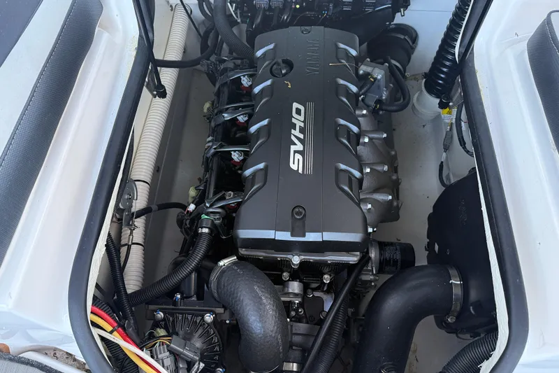 Slide: The Image of 2023 Yamaha Boats 195S engine compartment showcasing SVHO engine components. - 20