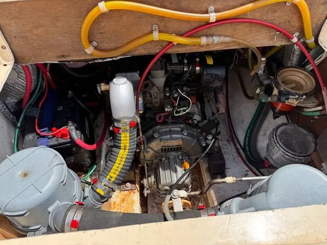 Slide: The Image of Engine compartment of a 1983 Prout 37 Snow Goose catamaran. - 13