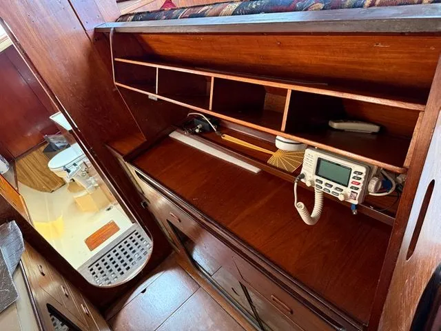 Slide: The Image of 1983 Prout 37 Snow Goose interior with wooden cabinetry. - 23