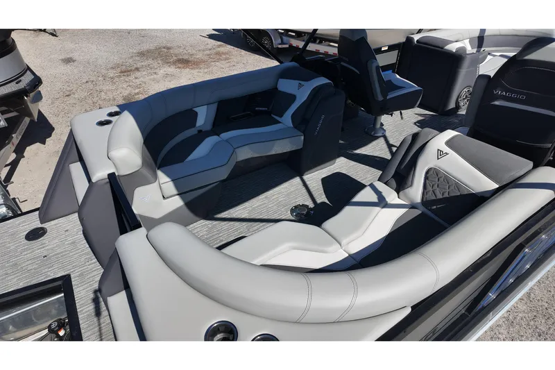 Slide: The Image of Luxurious interior of 2026 Viaggio Diamante U 22 boat with plush seating and modern design. - 2
