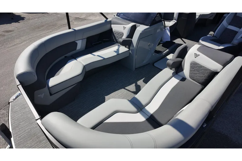 Slide: The Image of Luxurious seating in the 2026 Viaggio Diamante U 22 boat, featuring sleek gray upholstery. - 5