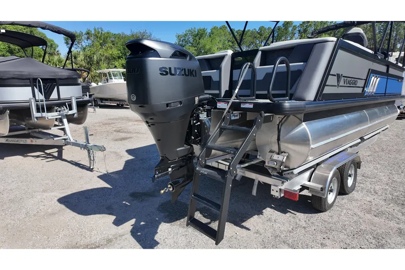 Slide: The Image of 2026 Viaggio Diamante U 22 pontoon boat with Suzuki outboard motor on trailer. - 8