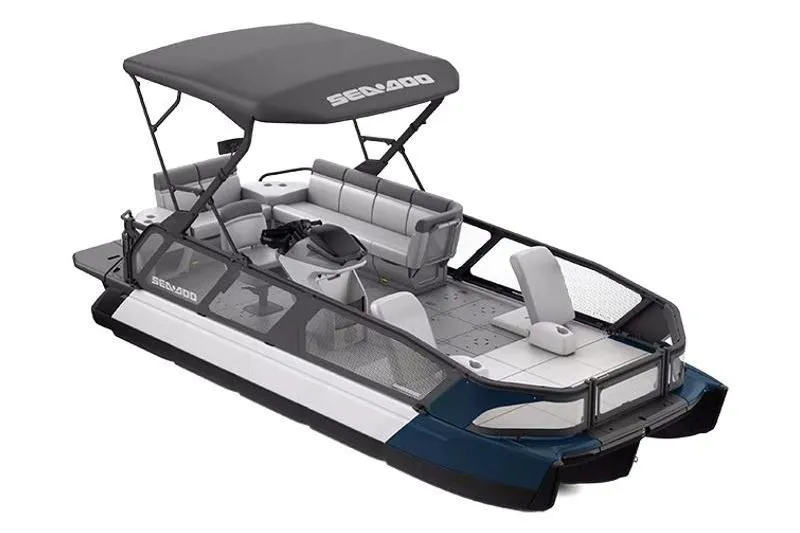 The Image of 2024 Sea-Doo Switch Sport 21 pontoon boat with canopy and spacious seating. - 5