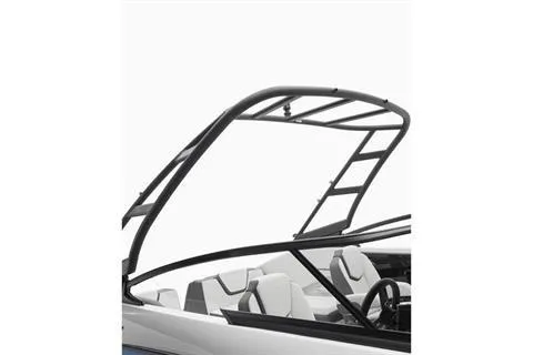 Slide: The Image of 2025 Yamaha Boats AR250 with sleek black wakeboard tower and modern seating design. - 6