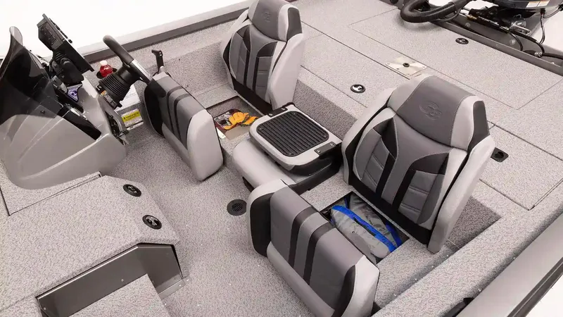 Slide: The Image of Interior of G3 Sportsman 1910 boat, 2026 model, featuring gray seats. - 23