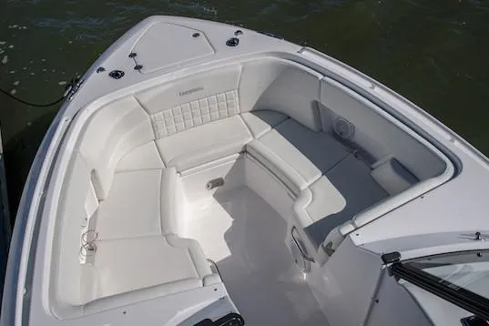 Slide: The Image of Manufacturer Provided Image: 2019 Everglades 340 Dual Console boat interior with white seating. - 9