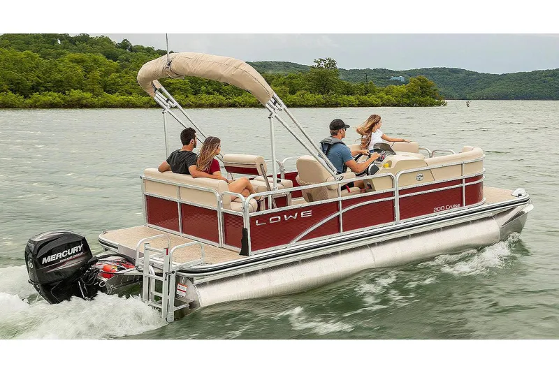 The Image of Manufacturer Provided Image: 2025 Lowe Ultra 200 Cruise pontoon boat on a lake with passengers enjoying the ride. - 0
