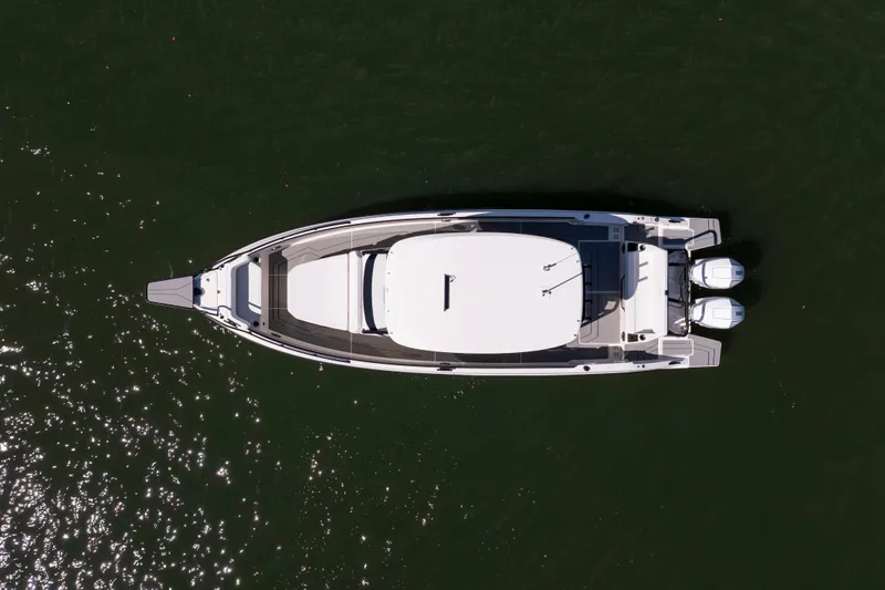 Slide: The Image of Aerial view of 2027 Navan T30 boat on water with twin engines. - 10