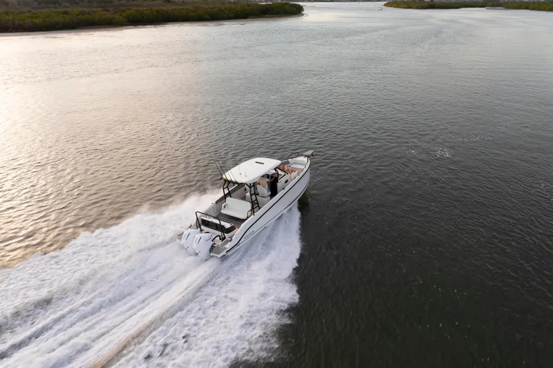 Slide: The Image of Navan T30 boat cruising on a serene river, 2027 model. - 2