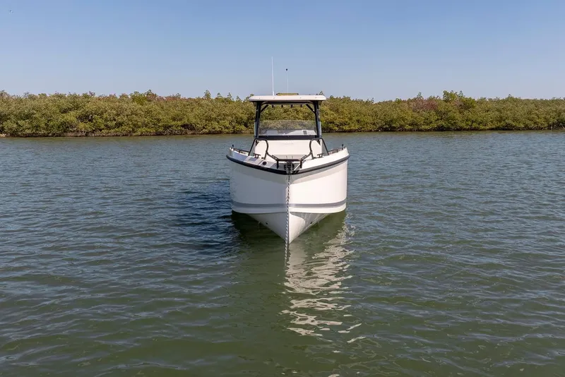 Slide: The Image of Front view of 2027 Navan T30 boat on calm water with lush greenery background. - 7