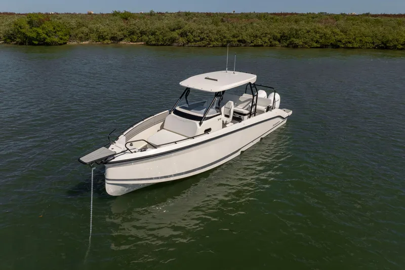 Slide: The Image of Navan T30 2027 boat anchored on calm water near lush green shoreline. - 9