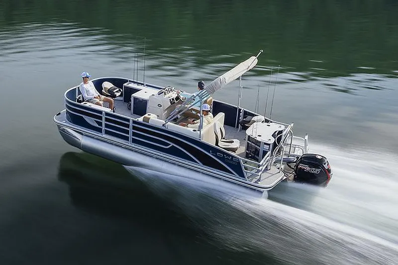 The Image of Manufacturer Provided Image: 2025 Lowe SF 214 pontoon boat cruising on a calm lake. - 0