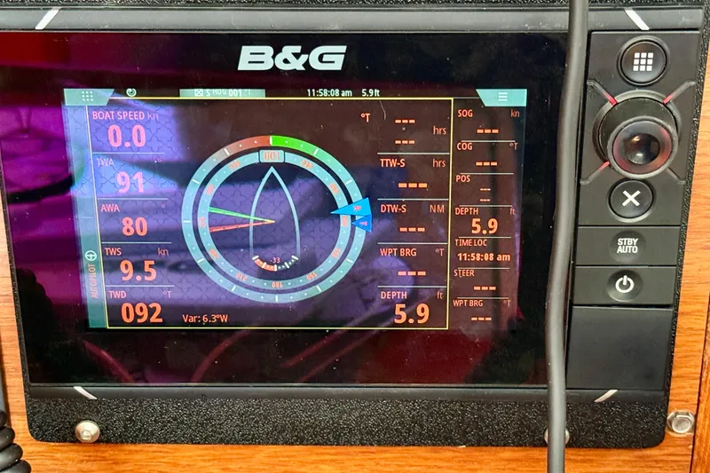 Slide: The Image of B&G navigation display on 2004 Jeanneau Sun Odyssey 35 sailboat, showing speed and wind data. - 68