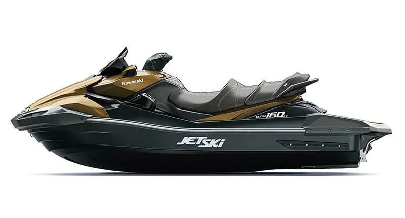 Slide: The Image of 2023 Kawasaki JET SKI ULTRA 160LX in black and gold. - 2