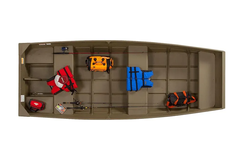 The Image of Manufacturer Provided Image: 2025 Lowe Jon L1240 boat with life jackets and gear, top view. - 1