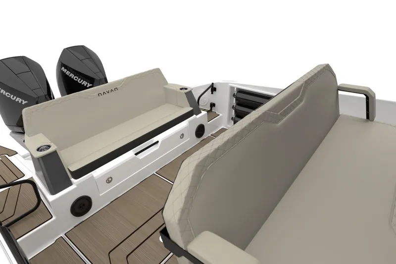 Slide: The Image of Navan S30 boat 2026 with Mercury engines and beige seating. - 21