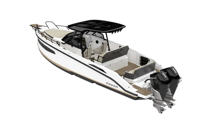 Slide: The Image of Navan S30 2026 motorboat with dual engines and sleek design. - 23