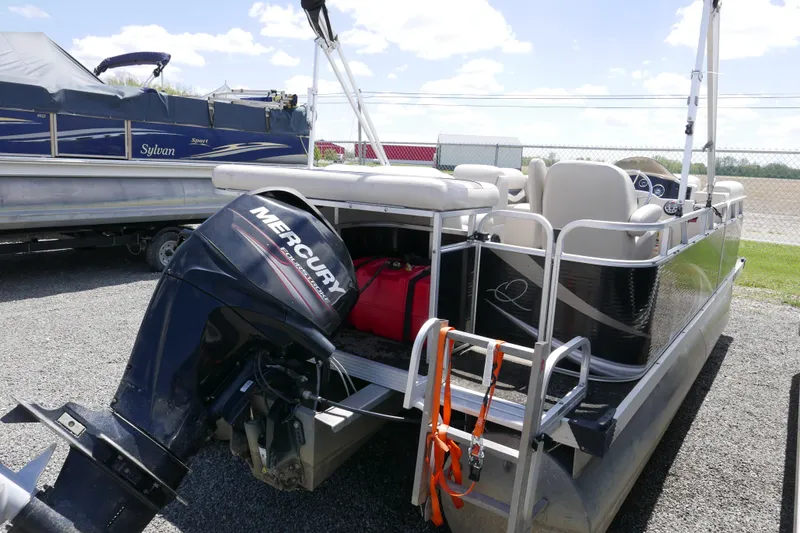 Slide: The Image of 2011 Apex Marine Qwest Adventure 16 pontoon boat with Mercury outboard motor. - 4