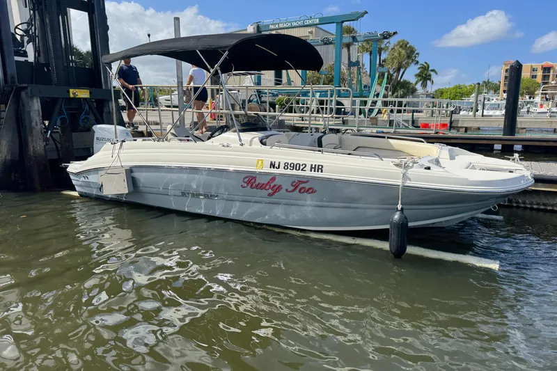 Slide: The Image of 2022 Stingray 192 SC boat docked at marina, featuring "Ruby Too" name on side. - 2