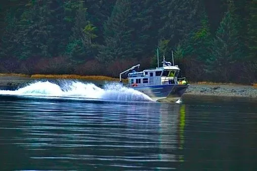 Slide: The Image of 2007 Armstrong Marine 36 Catamaran cruising on a serene forest-lined waterway. - 35