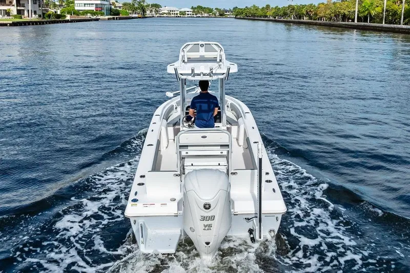 Slide: The Image of 2023 Everglades 243 Center Console boat cruising on a scenic waterway. - 6