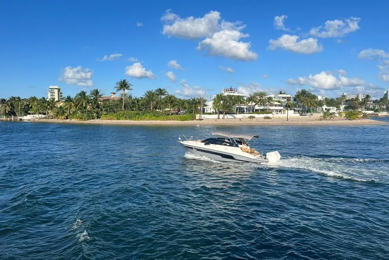 The Image of 2024 Hanover 305 boat cruising near a tropical beach with palm trees and clear blue sky. - 0