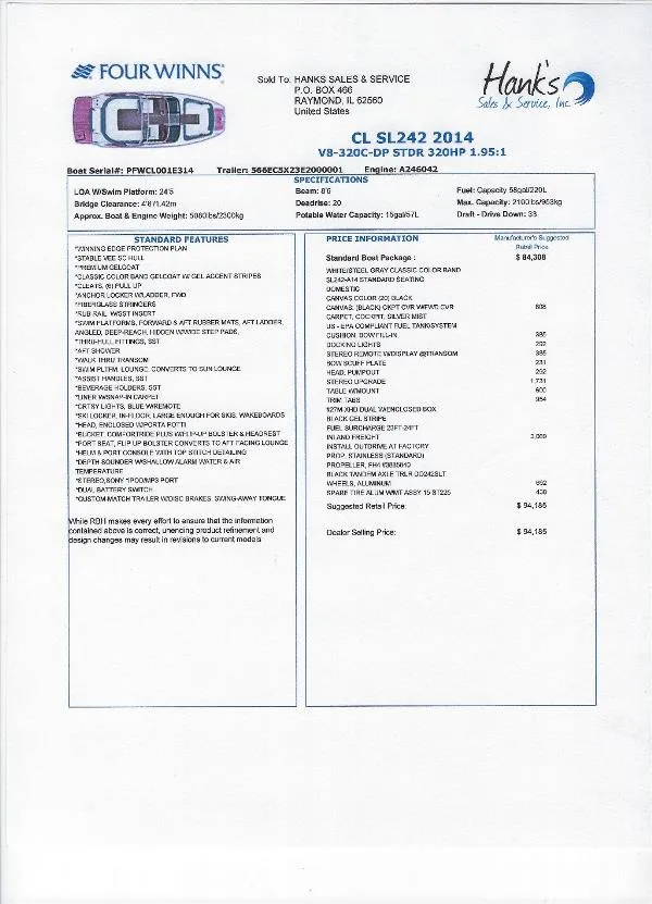 Slide: The Image of 2013 Four Winns SL242 boat specifications and pricing details. - 27