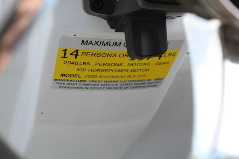 Slide: The Image of Capacity label on 2019 Crest Savannah 250 SLRC, 14 persons, 2948 lbs, 400 horsepower. - 19