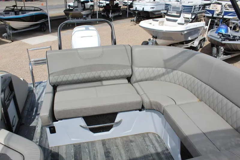 Slide: The Image of 2019 Crest Savannah 250 SLRC pontoon boat with luxurious gray seating and elegant design. - 27