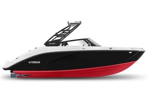 The Image of 2025 Yamaha Boats 222SD, sleek black and red design, side view. - 0