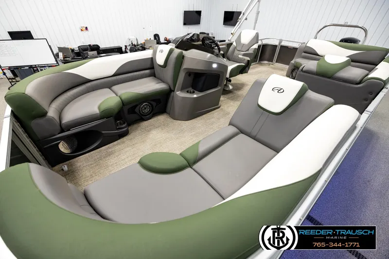 Slide: The Image of Luxurious 2024 Avalon LSZ CRB pontoon boat interior with plush seating and modern design. - 10