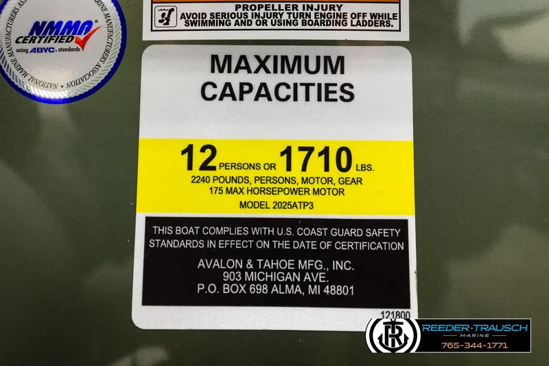 Slide: The Image of 2024 Avalon LSZ CRB capacity label: 12 persons, 1710 lbs, 175 HP max motor. - 54