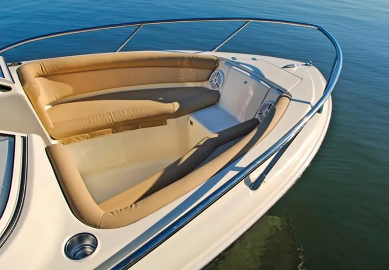 Slide: The Image of Manufacturer Provided Image: 2019 Scout 225 Dorado boat with tan seating and stainless steel railings. - 11