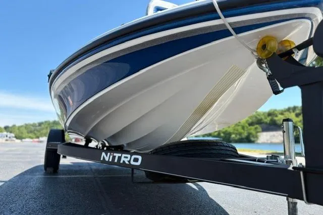 Slide: The Image of 2018 Nitro Z18 boat on trailer, showcasing sleek hull design and branding. - 37