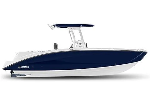 The Image of 2025 Yamaha Boats 255 FSH Sport E, sleek blue and white design, side view. - 0