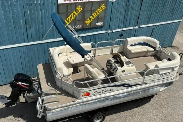 Slide: The Image of 2008 Sun Tracker Party Barge 18 DLX pontoon boat with Mercury outboard motor. - 6