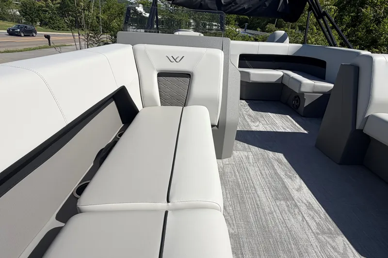Slide: The Image of Luxurious interior of 2026 Whisper D21 XRE CRUISE boat with sleek seating and modern design. - 12