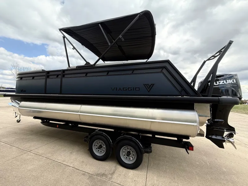 Slide: The Image of Viaggio Lago V 20C 2026 pontoon boat on trailer. - 2