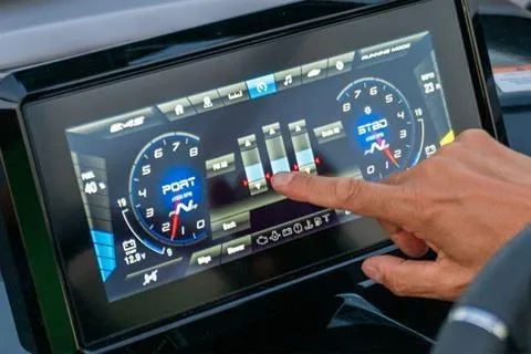 Slide: The Image of Touchscreen control panel of 2026 Yamaha 252XE boat, displaying navigation and system settings. - 7