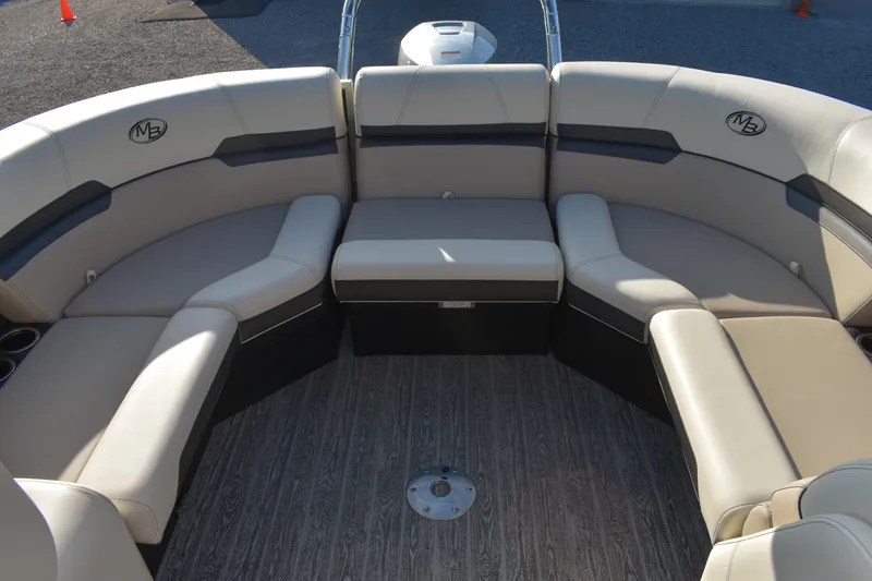 Slide: The Image of Luxurious seating on 2026 Montego Bay 8522 BR DLX pontoon boat, featuring elegant design and comfort. - 21