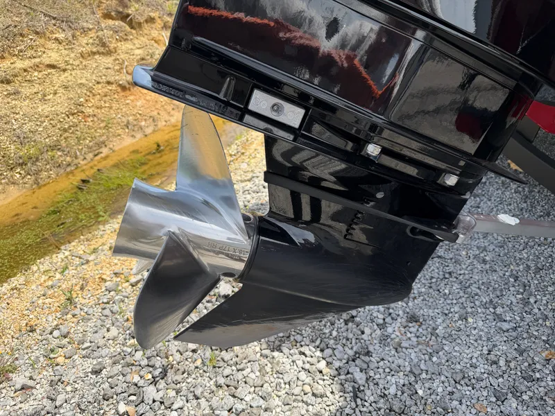 Slide: The Image of Close-up of a 2025 Tracker Targa 18 boat propeller. - 16