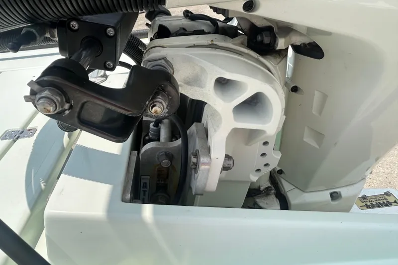 Slide: The Image of Close-up of 2019 Beavertail Skiffs Mosquito boat engine components. - 8
