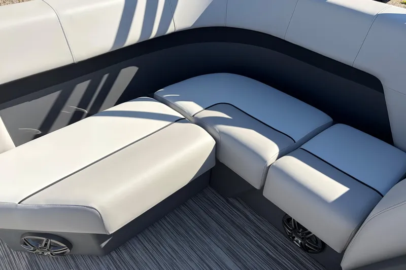 Slide: The Image of Luxurious seating in a 2026 Whisper S17 boat, featuring sleek gray upholstery and modern design. - 10