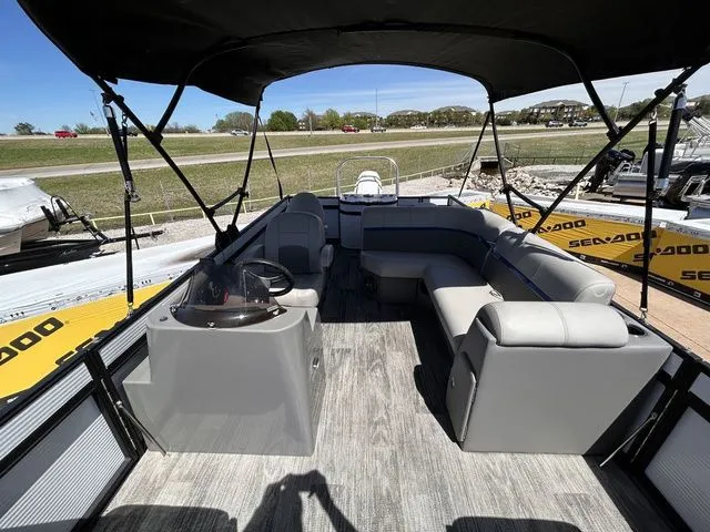 Slide: The Image of Interior of 2022 Qwest Pontoons 822 LT with gray seating. - 10