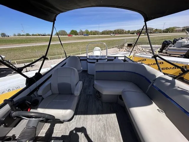 Slide: The Image of Interior of 2022 Qwest Pontoons 822 LT with gray seating. - 11
