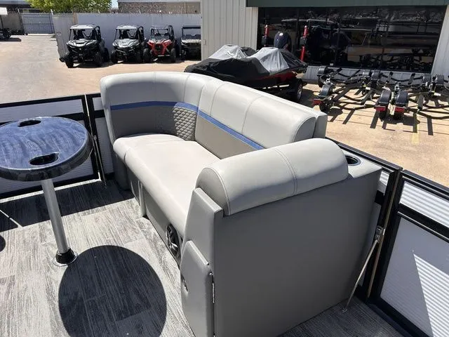 Slide: The Image of Interior of 2022 Qwest Pontoons 822 LT with gray seating. - 18