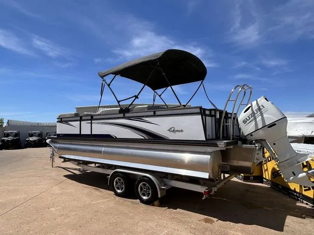 Slide: The Image of 2022 Qwest Pontoons 822 LT on trailer with Suzuki engine. - 3
